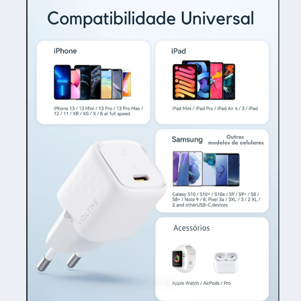 Fonte mini VOLTME 20W PD Carregamento rápido + Cabo Trançado Tipo C VOLTME